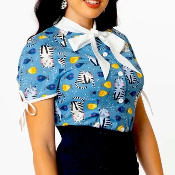 Unique Vintage Unicorn Cat & Fish Print Caticorns Chita Blouse & Bow Tie NWT L - Picture 3 of 10